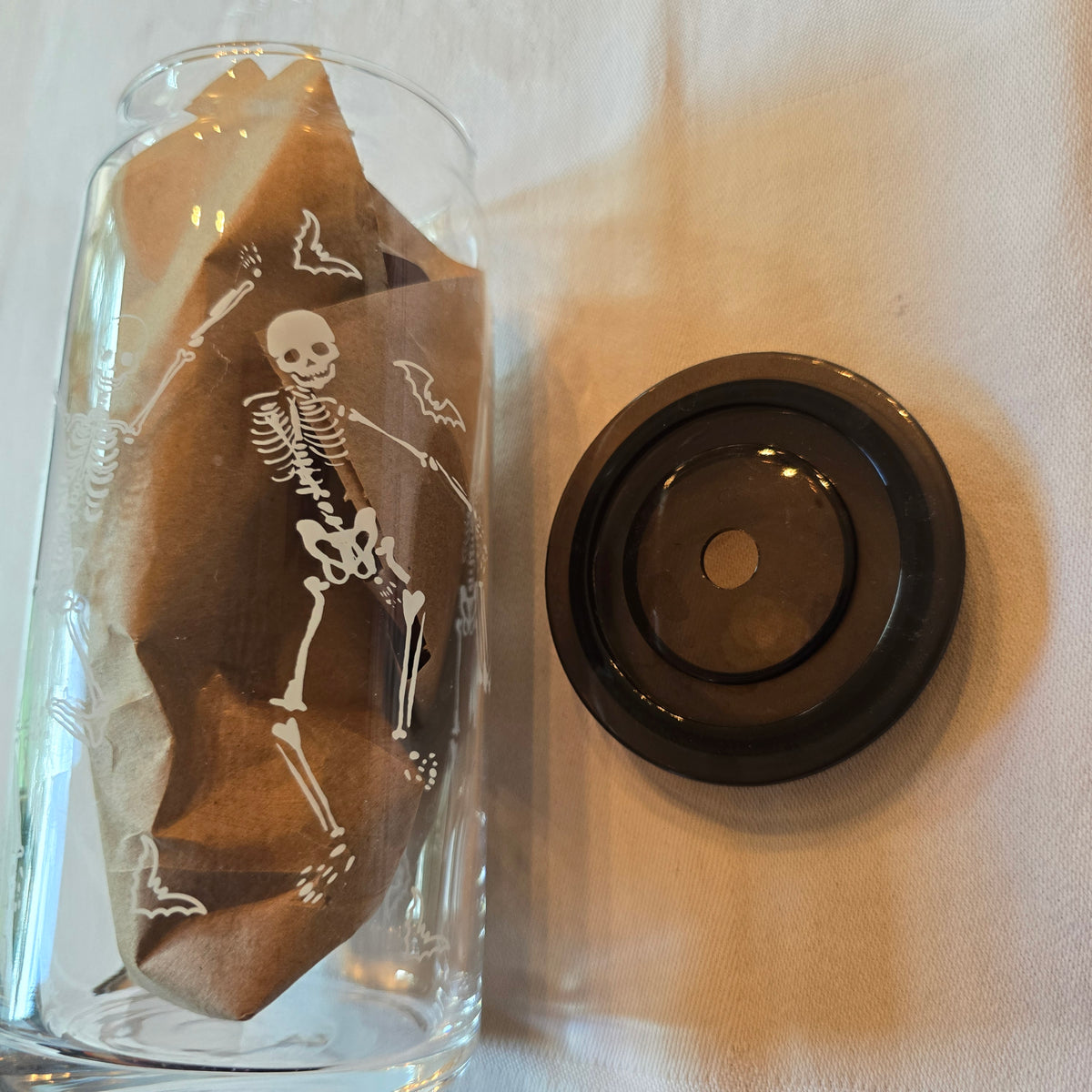 Clear & Black Glass Halloween Skeleton Beer Can Style Tumbler
