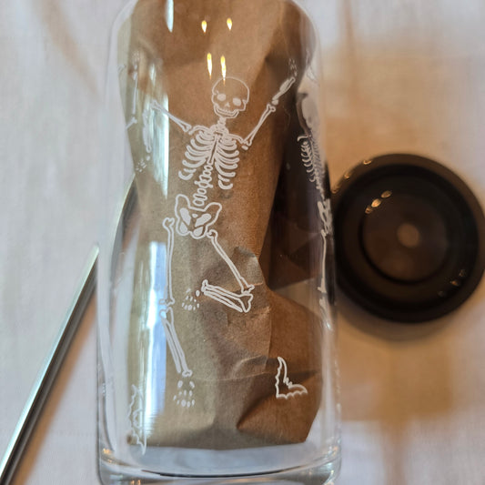 Clear & Black Glass Halloween Skeleton Beer Can Style Tumbler