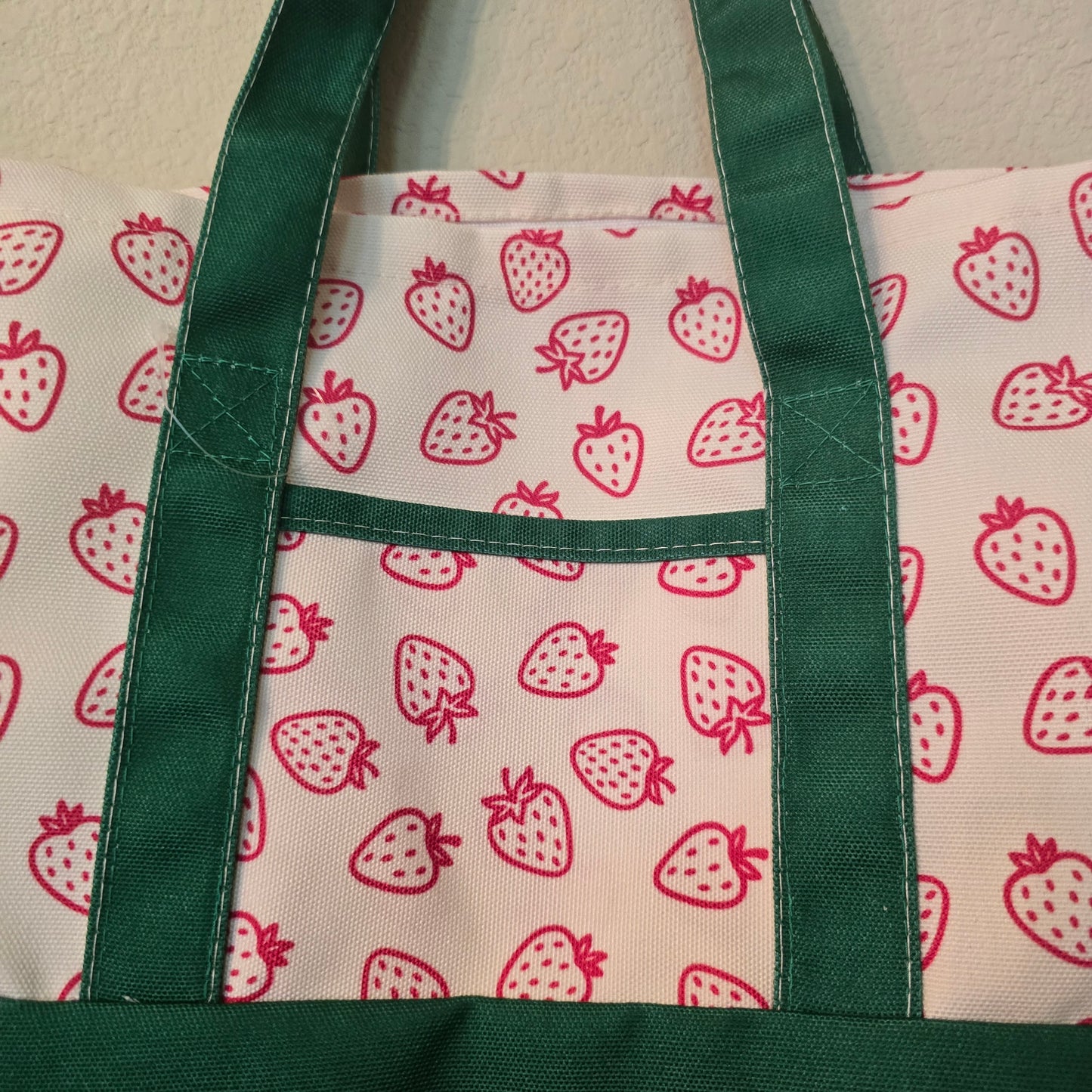 Reusable Canvas Strawberry Pattern Tote Bag Small Green/White/Red 15x10x6 in