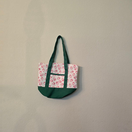 Reusable Canvas Strawberry Pattern Tote Bag Small Green/White/Red 15x10x6 in