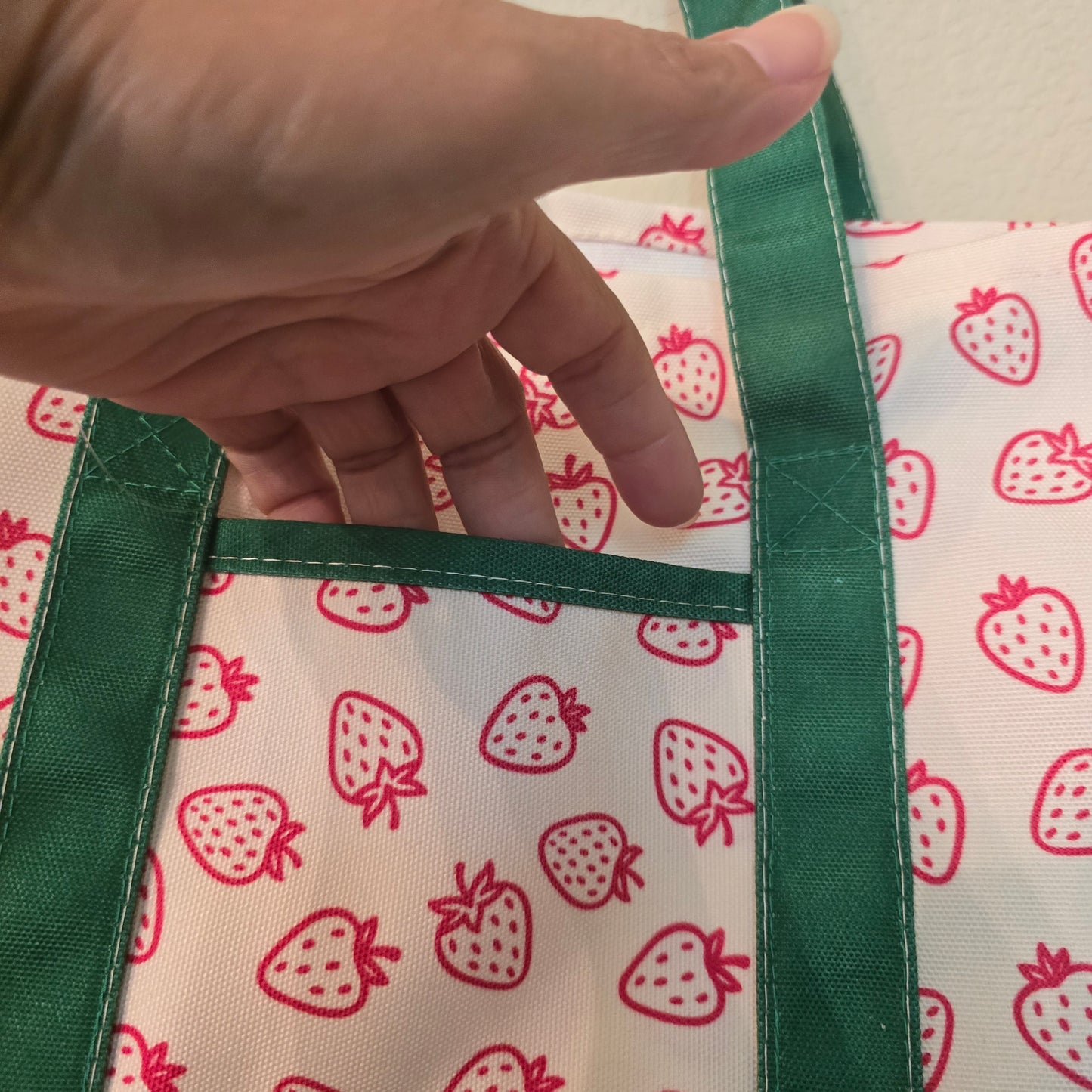 Reusable Canvas Strawberry Pattern Tote Bag Small Green/White/Red 15x10x6 in